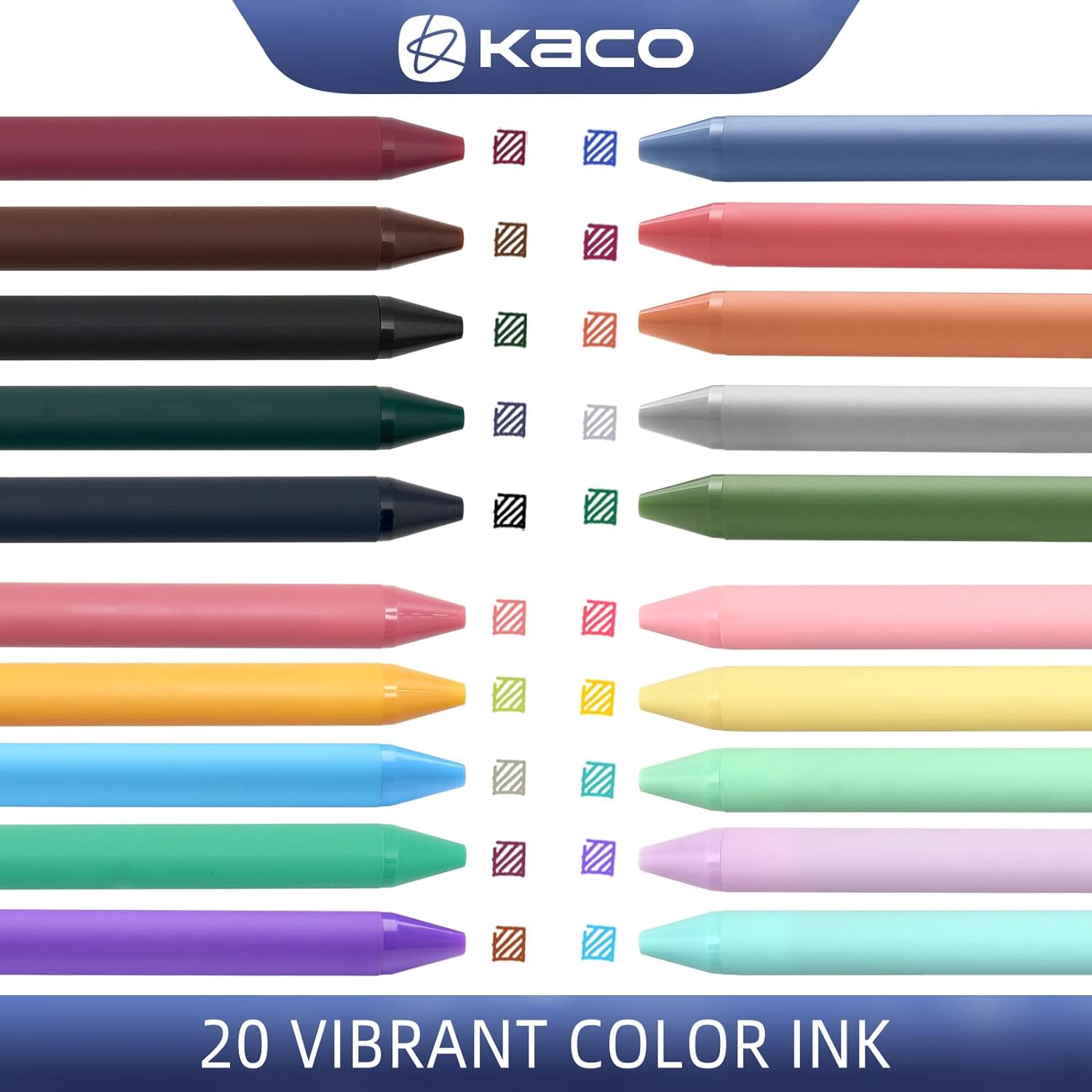 Kaco 20 Color Ink Retractable Gel Pens 0.5mm Fine Point