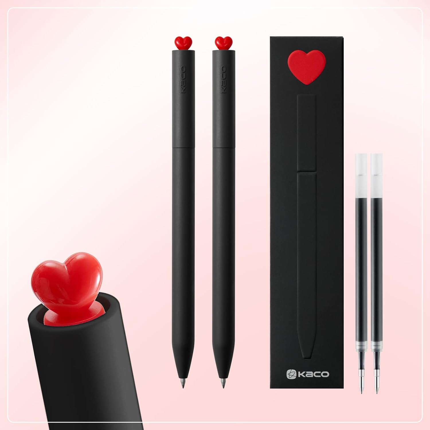 Kaco FIRST Gel Ink Pens Cute Heart with Extra 4 Black Refills (2 Black)