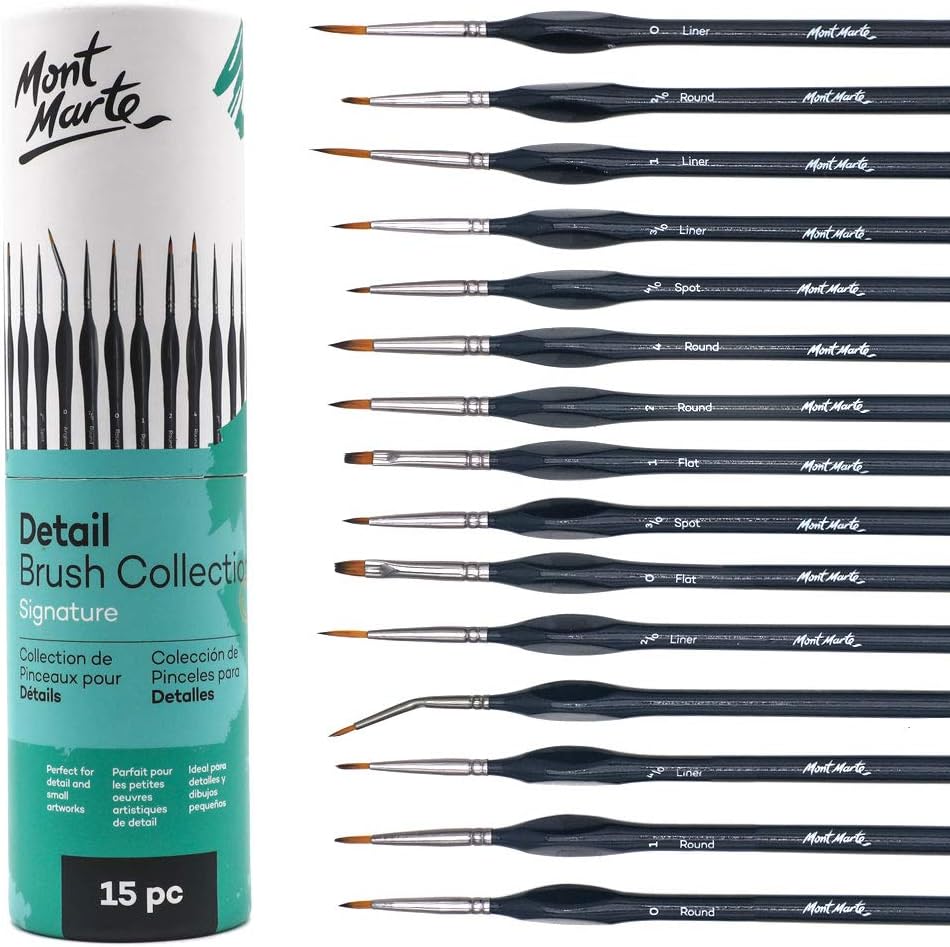 Mont Marte Signature Detail Brush Collection,15 Piece,Taklon Bristles