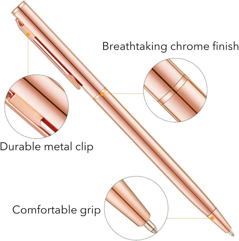 Rose Gold Slim Metallic Retractable Ballpoint Pens 6 Pack