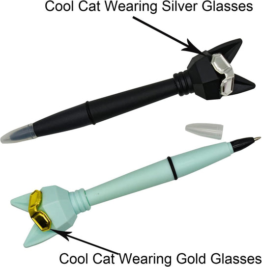 12PCS Cute Cat Ballpoint Pens Cartoon Wearing Golden Silver Glasses