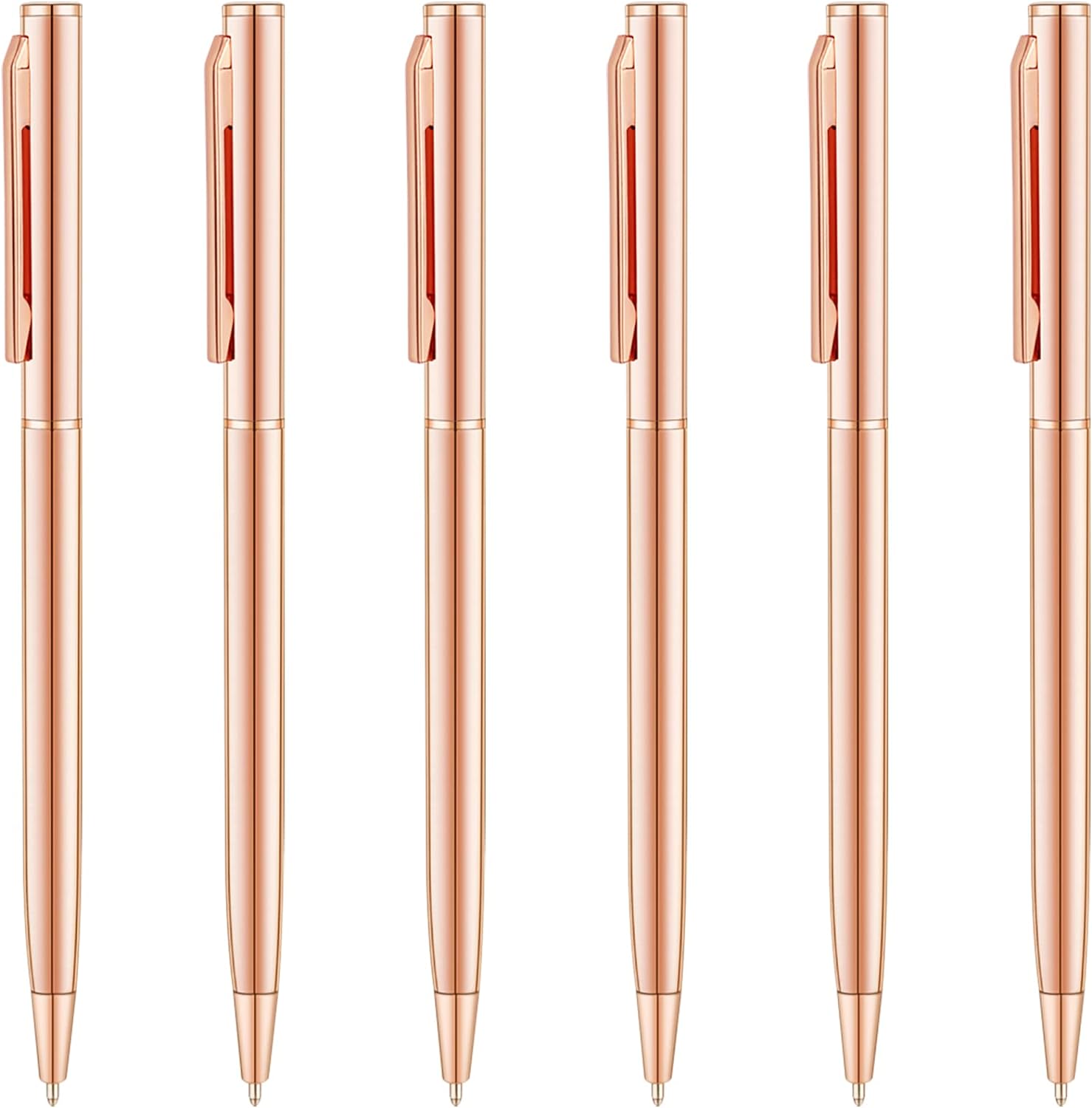 Rose Gold Slim Metallic Retractable Ballpoint Pens 6 Pack