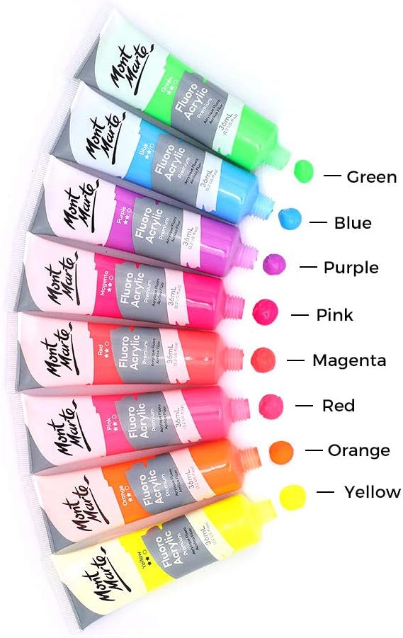 Mont Marte Fluoro Acrylic Paint Set,8 Colors,36ml Tube