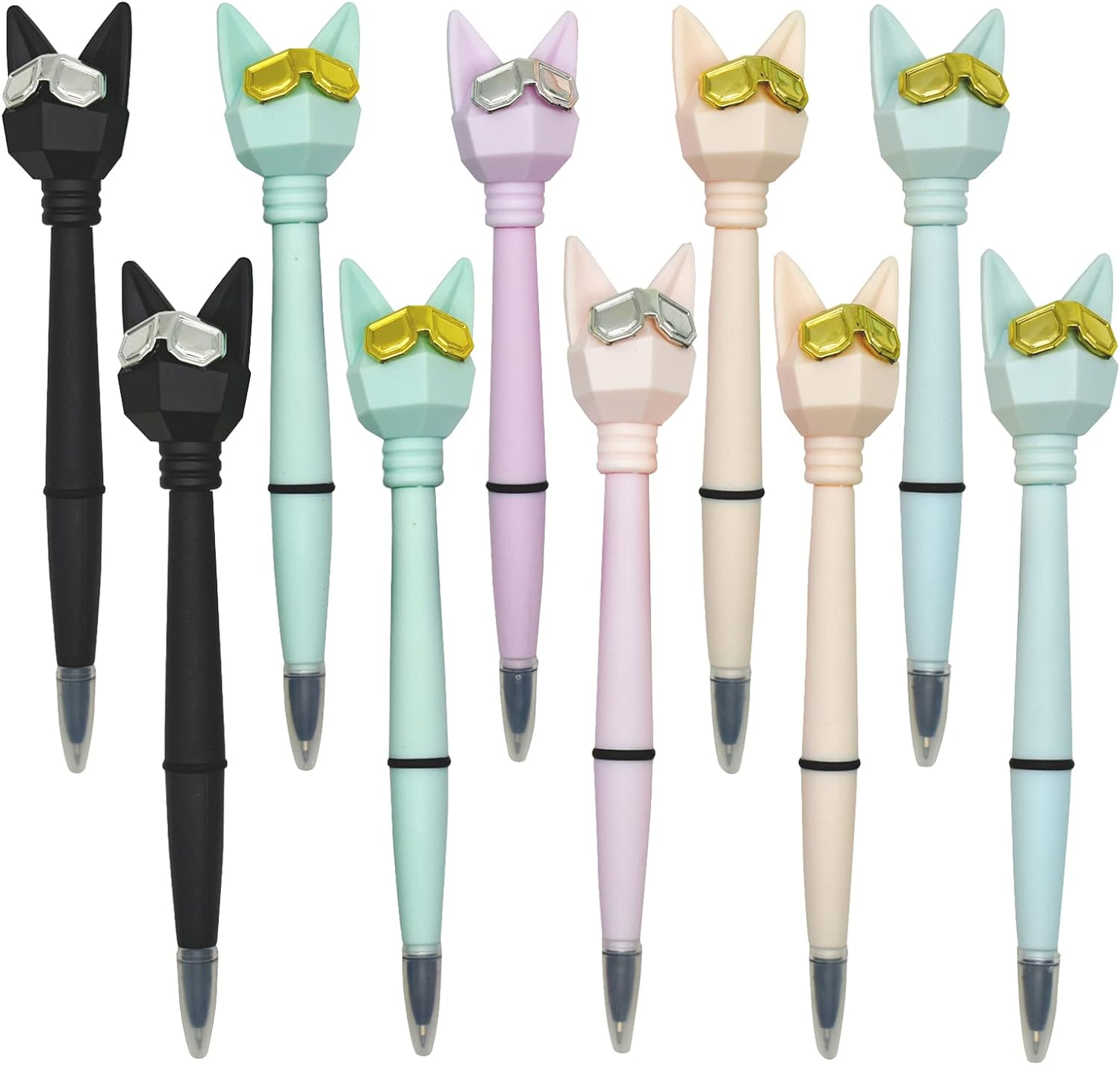 12PCS Cute Cat Ballpoint Pens Cartoon Wearing Golden Silver Glasses