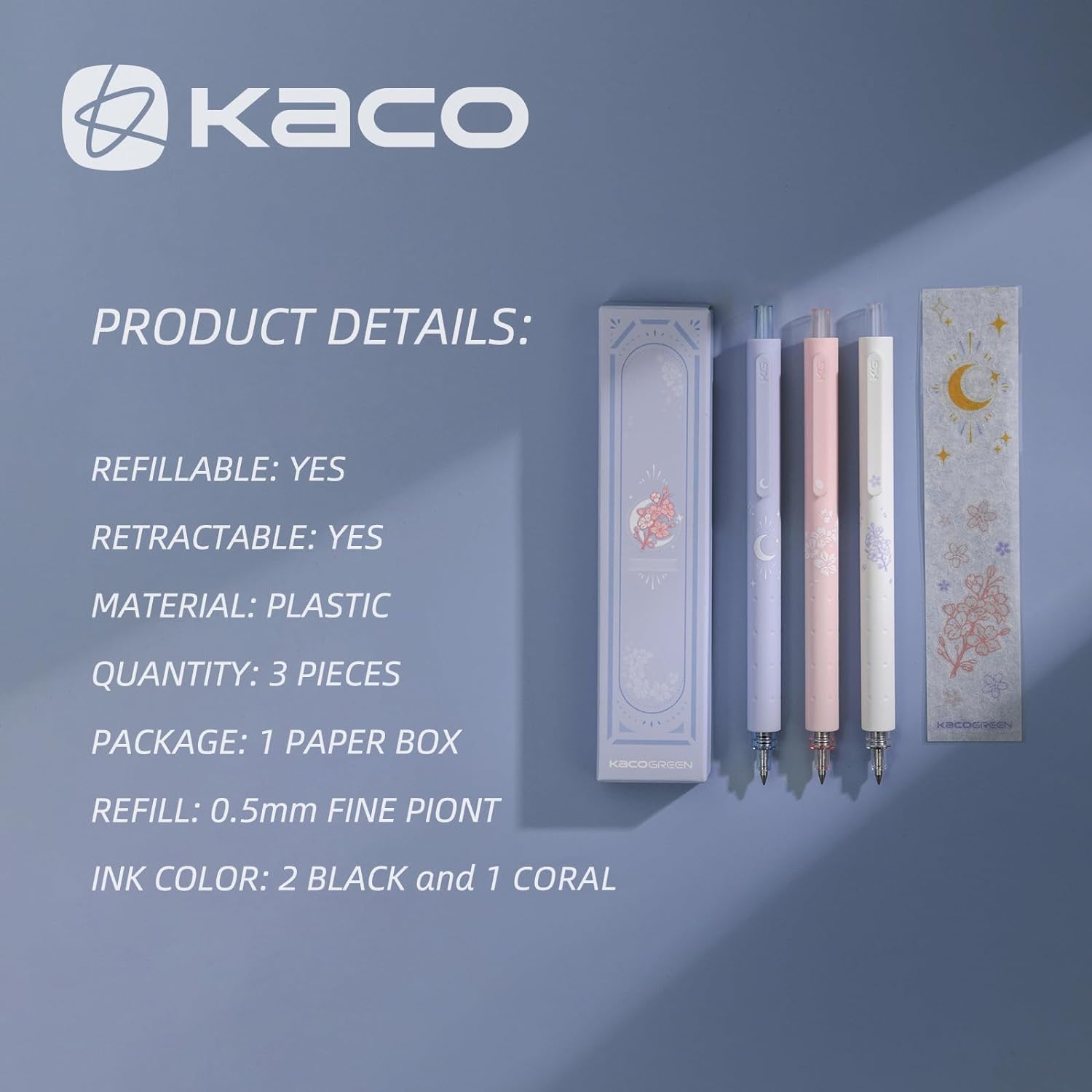 Kaco Rocket Retractable Gel Pens 0.5mm Fine Point 3 Pack