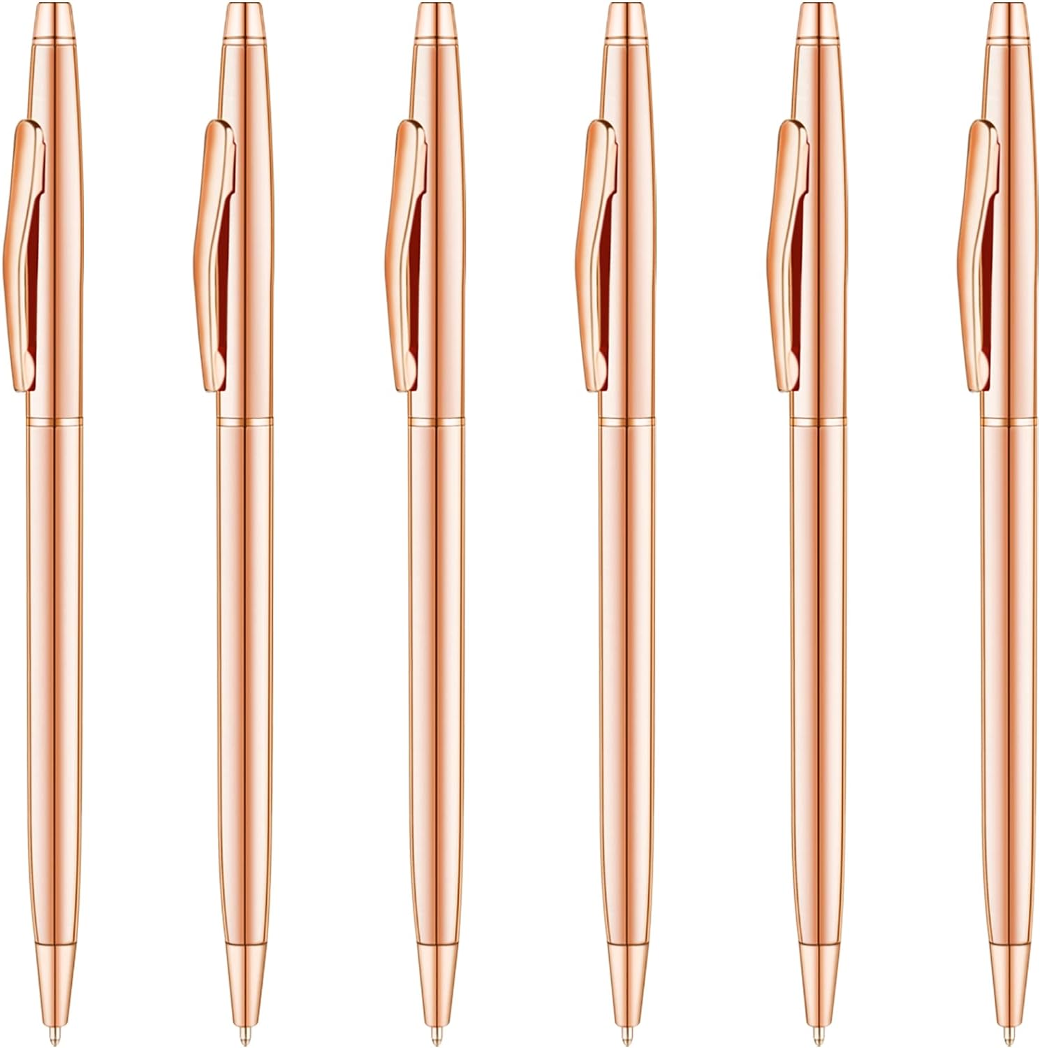 Rose Gold Slim Metallic Retractable Ballpoint Pens 6 Pack