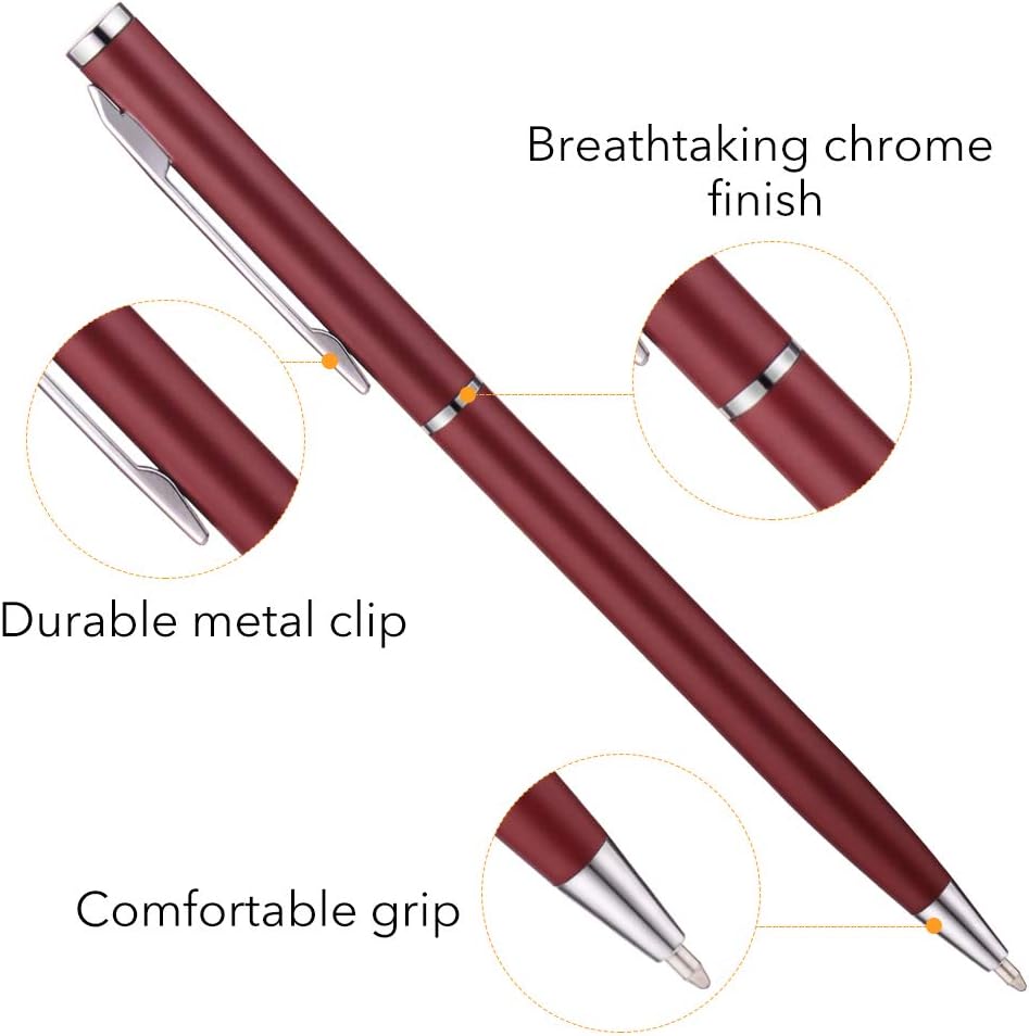 Slim Metallic Retractable Ballpoint Pens,Matte Burgundy,6 Pack-Black ink