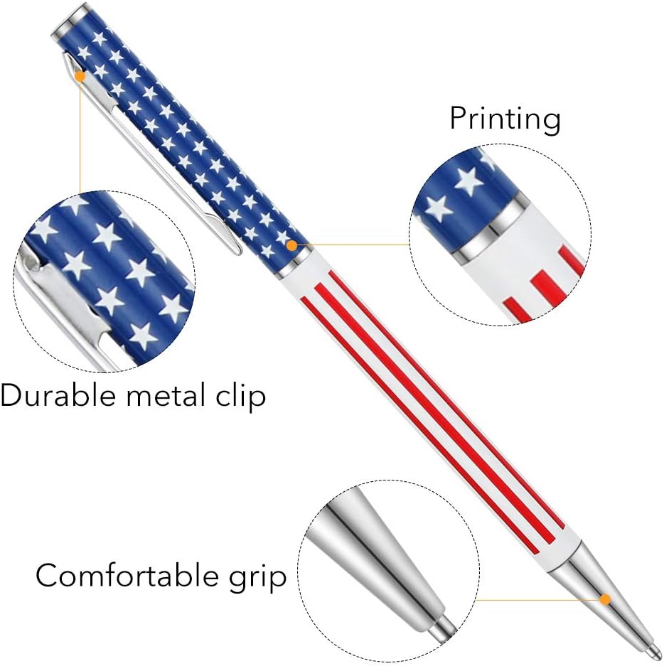 6pcs Slim Metal Retractable Ballpoint Pens,Silver Gold Patriotic American Flag