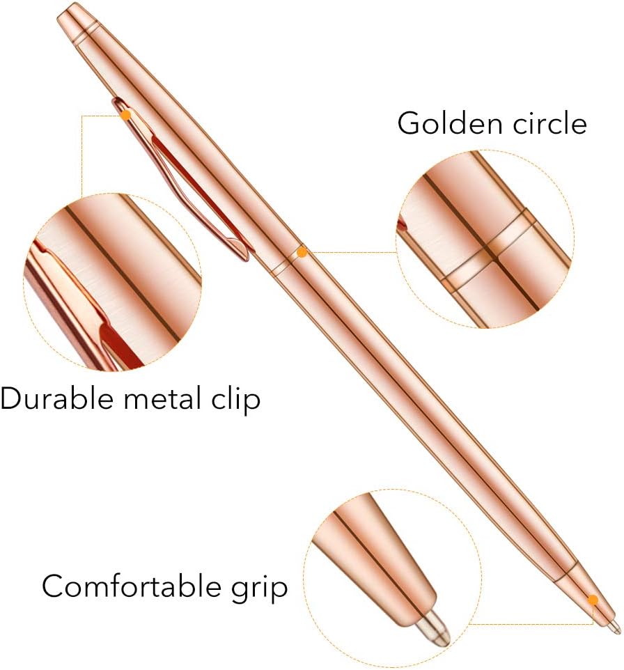 Rose Gold Slim Metallic Retractable Ballpoint Pens 6 Pack