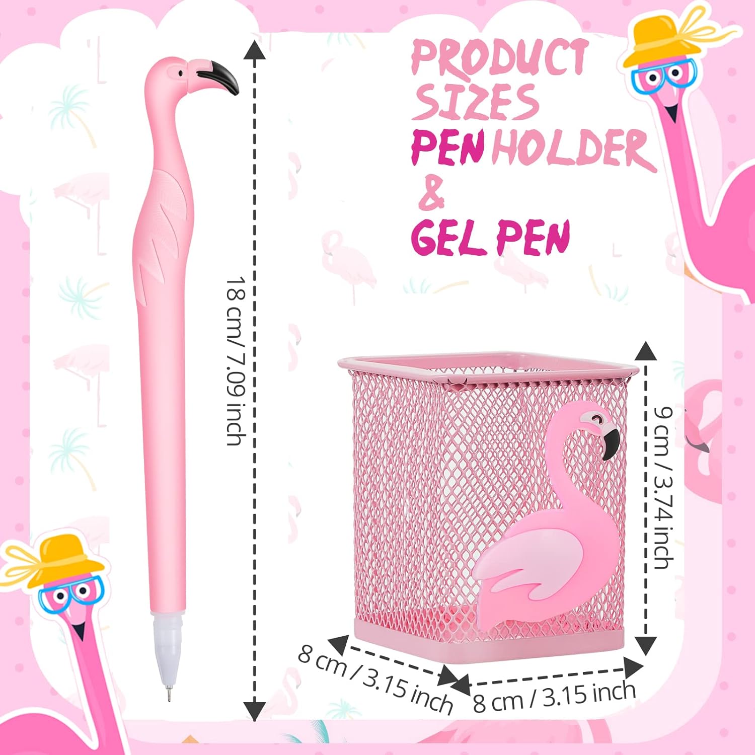 14Pcs Metal Flamingo Gel Pens and Pencil Holder Set Pink