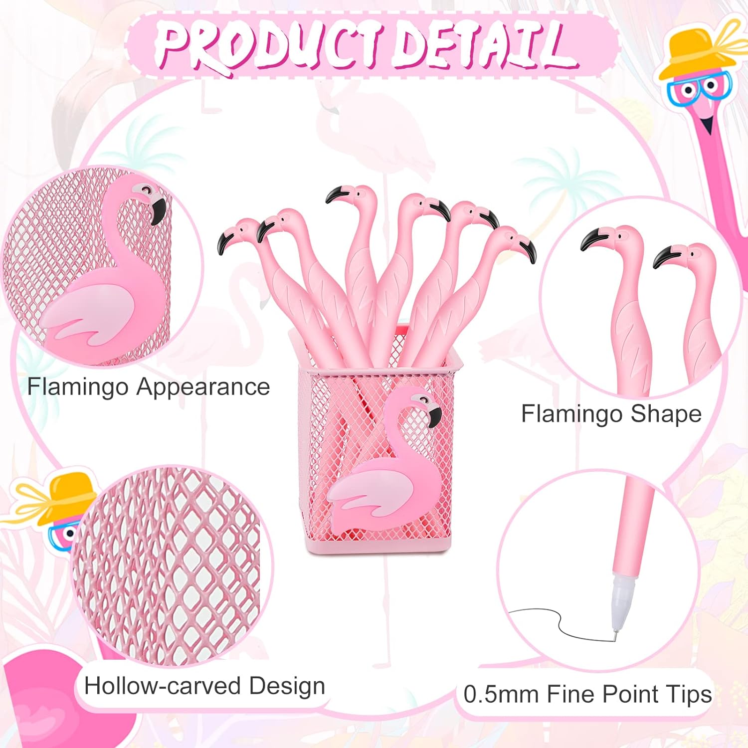 14Pcs Metal Flamingo Gel Pens and Pencil Holder Set Pink