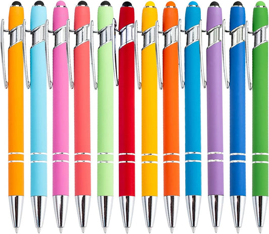 12 Pack Rainbow Rubberized Soft Touch Ballpoint Pen with Stylus Tip