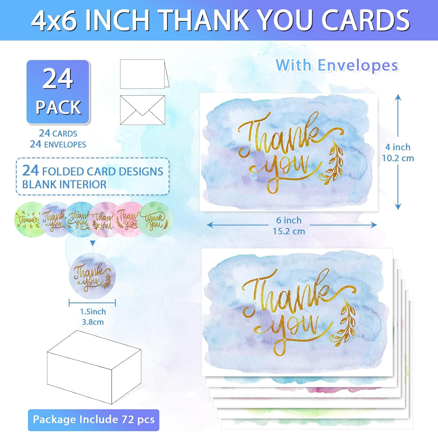 72 Pieces Watercolor Thank You Cards with Envelopes and Stickers Set