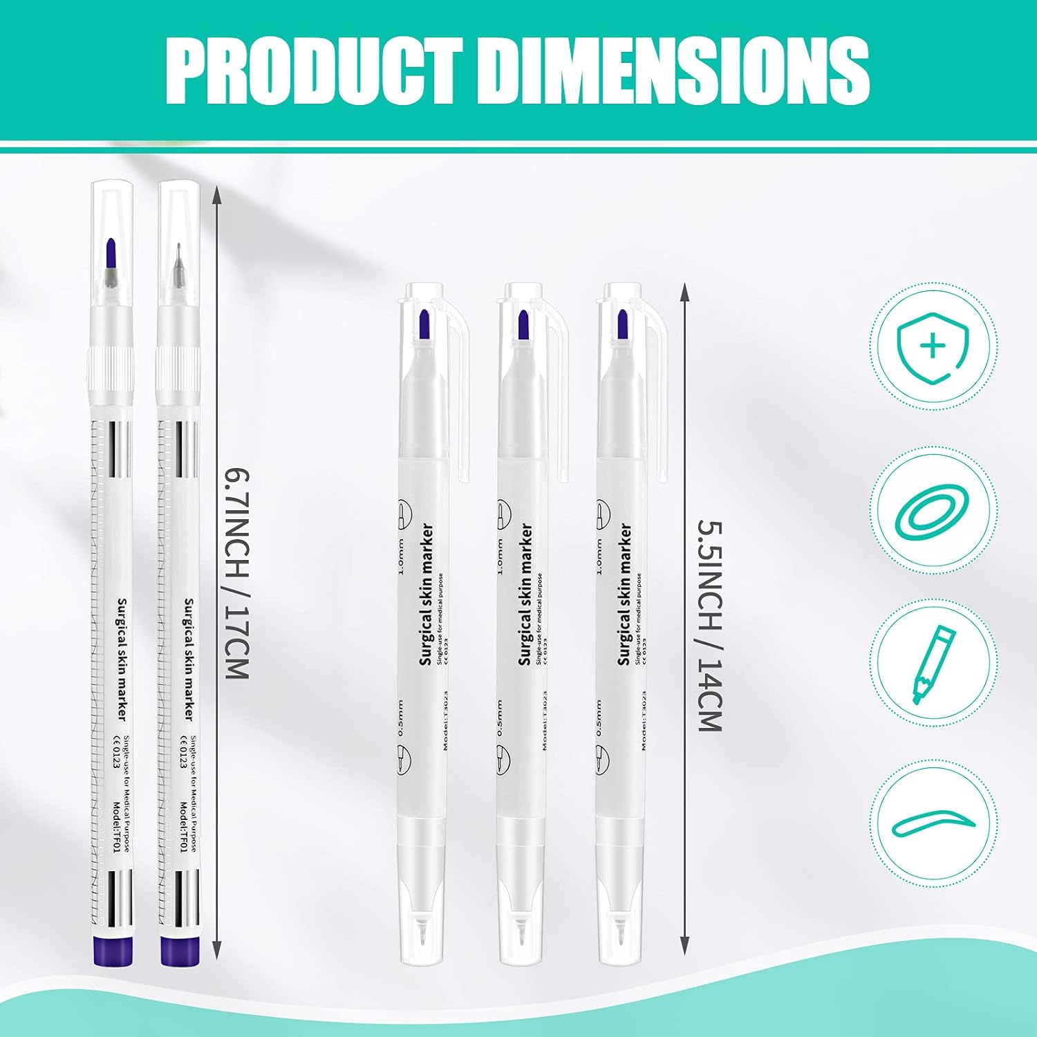 5 Pieces Tattoo Tip Skin Marker Pens with Paper Ruler