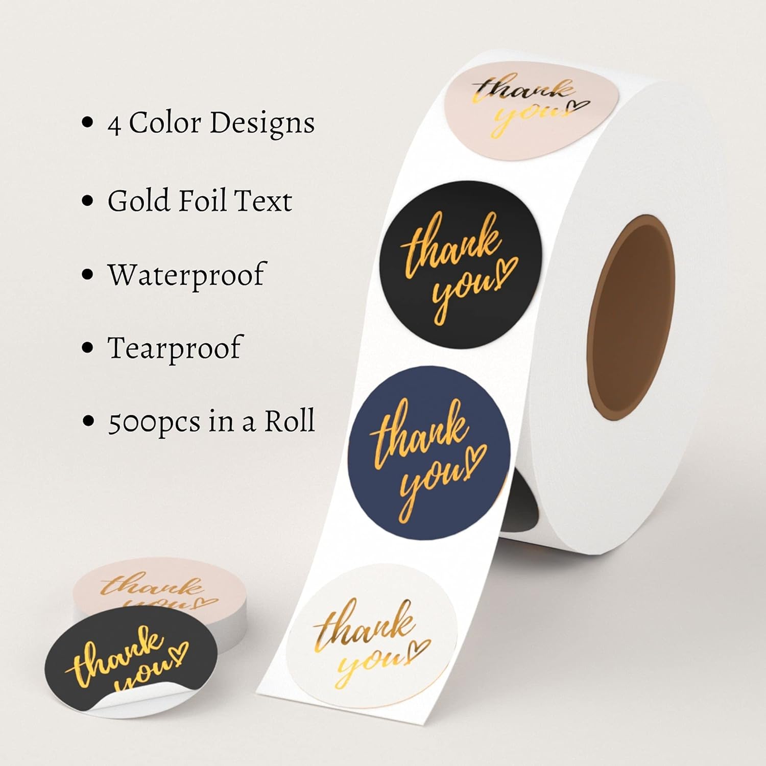 Thank You Stickers Roll 500 Labels 1.5 inch 4 Classic Colors with Gold Foil Design