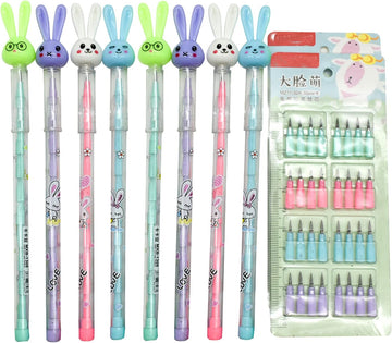 12PCS Cute Bunny Non-Sharpening Stackable Pencils with 64 Refills