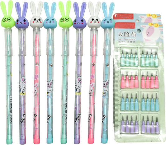 12PCS Cute Bunny Non-Sharpening Stackable Pencils with 64 Refills