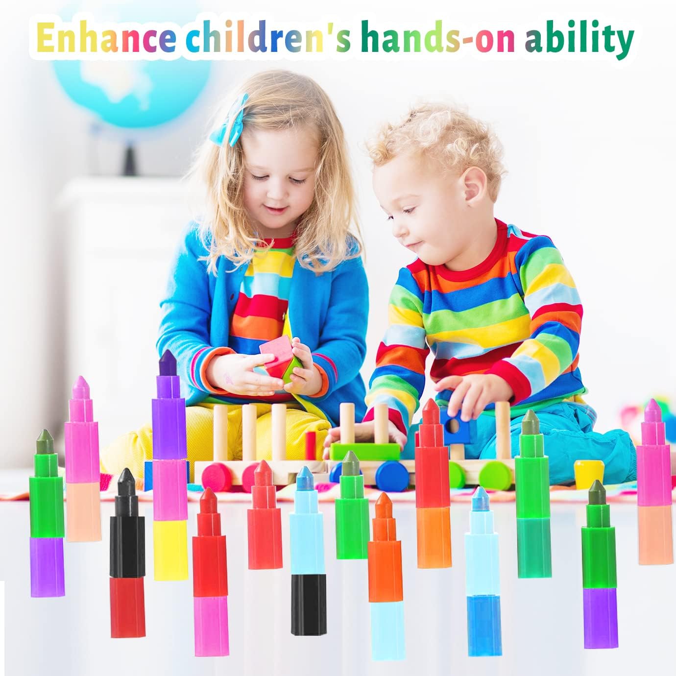 18Pcs Stacking Buildable 12in1 Wax Crayons for Kids