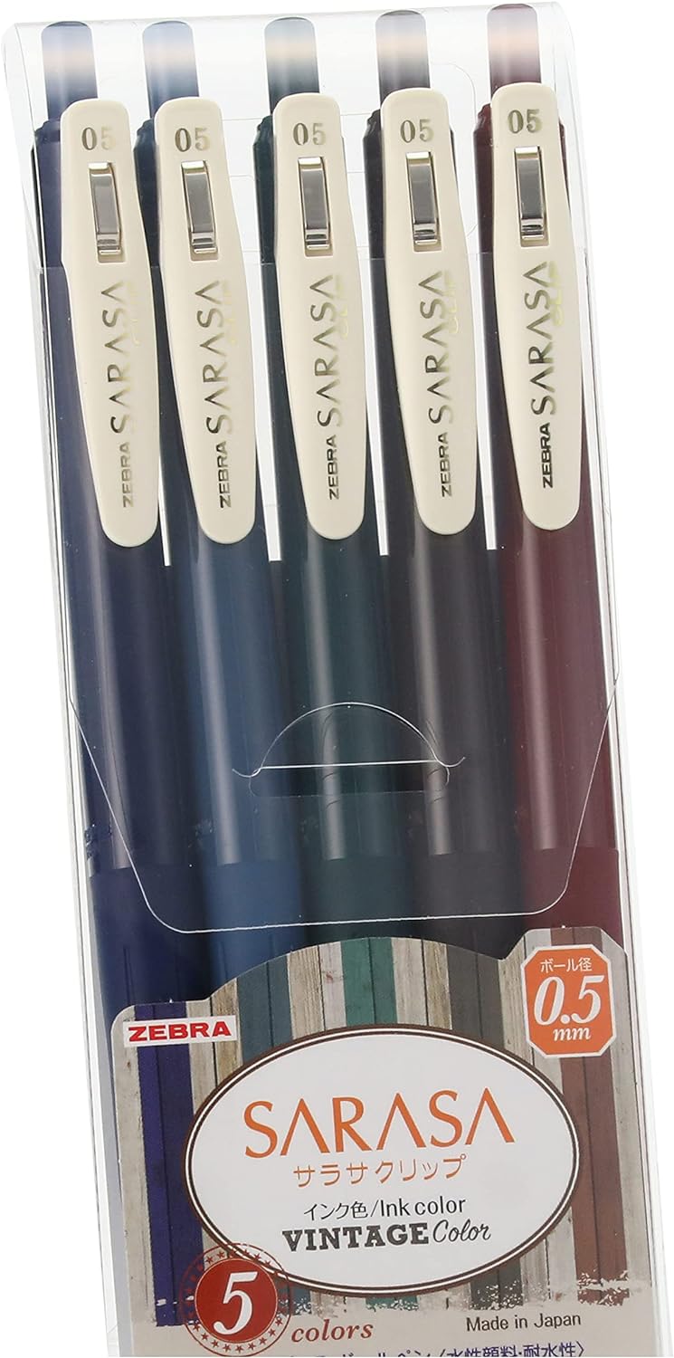 ZEBRA Sarasa Clip Gel Ink Ballpoint Pen 0.5mm,5 Vintage Colors