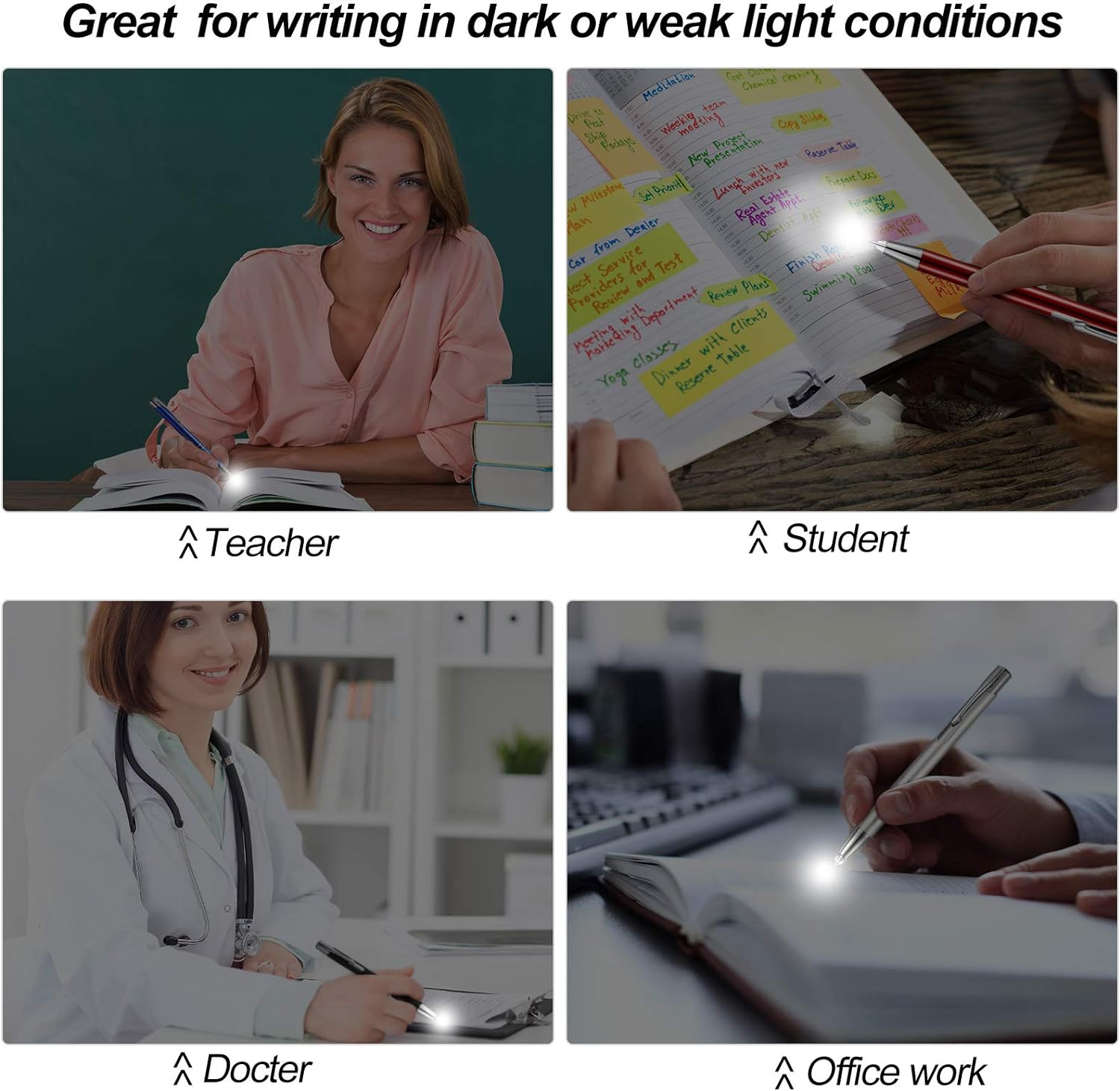 4 Pack Ballpoint Pens with LED Light for Writing in the Dark