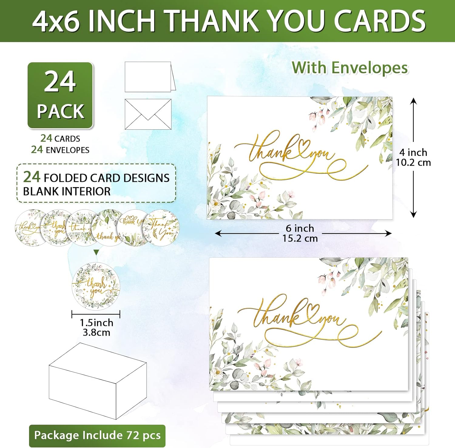 72 Pieces Watercolor Thank You Cards with Envelopes and Stickers Set