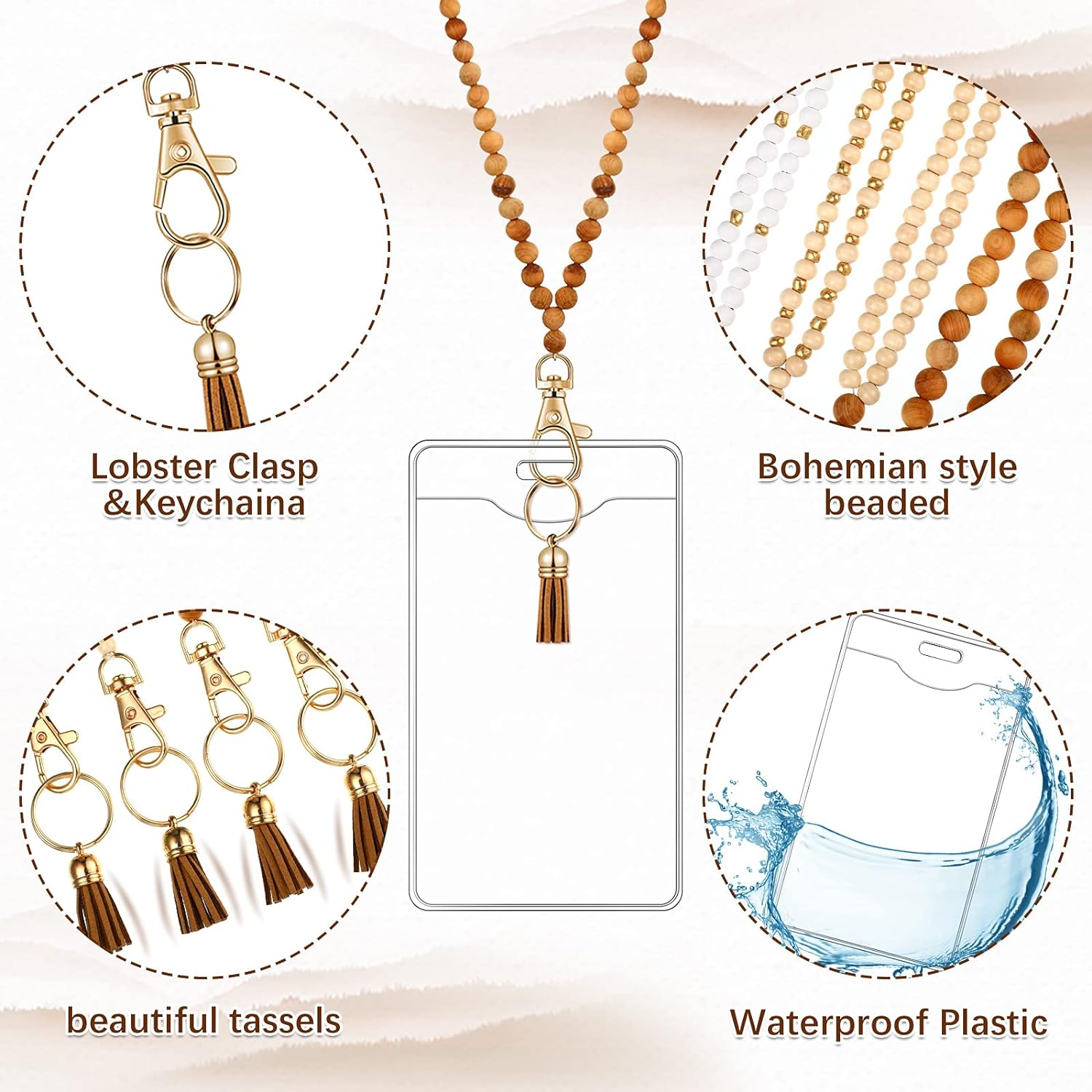 12 Pieces Wood Beaded Lanyards and Card Holder Set