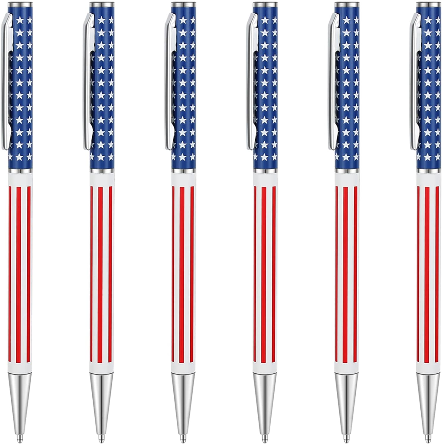 6pcs Slim Metal Retractable Ballpoint Pens,Silver Gold Patriotic American Flag