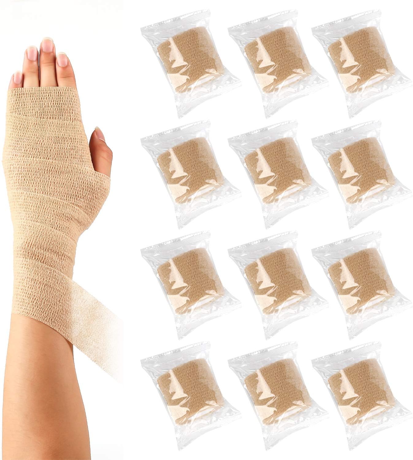 12 Pack Self Adherent Cohesive Wrap Bandages 2 Inch X 5 Yard,Skin Colour