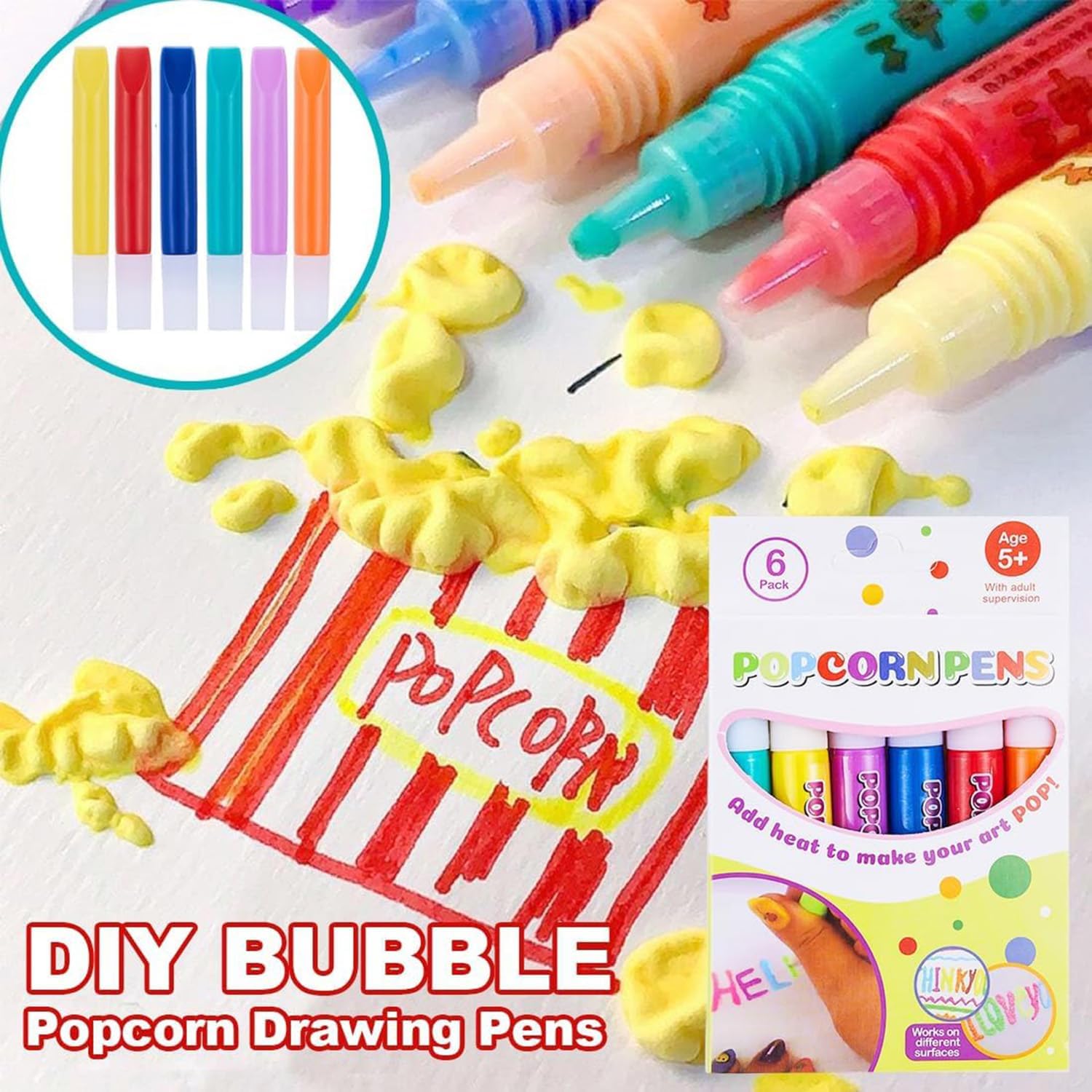 DIY Bubble Popcorn Drawing Pens,6 Color Magic Puffy Pens 2 Pack