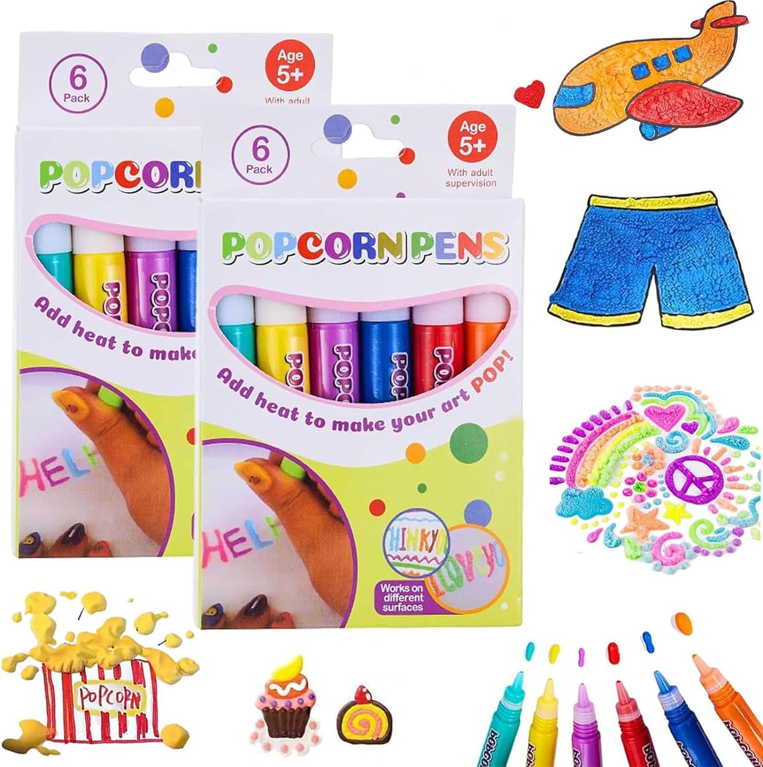 DIY Bubble Popcorn Drawing Pens,6 Color Magic Puffy Pens 2 Pack