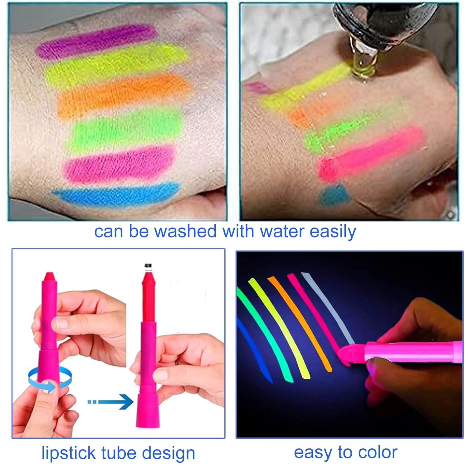 6 Color Glow in The Black Light UV Face Paint Crayon Markers for Kids