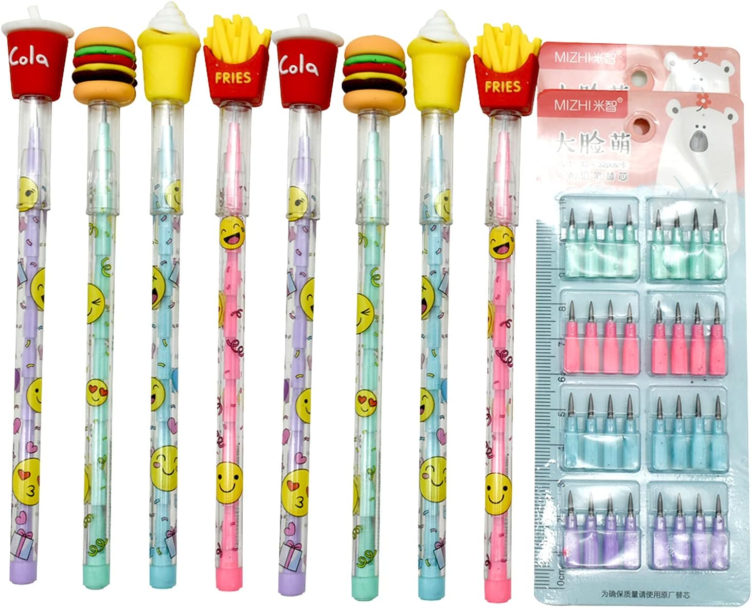 12PCS Food Stackable Pencils Hamburger Ice Cream Cola with 64 Refills