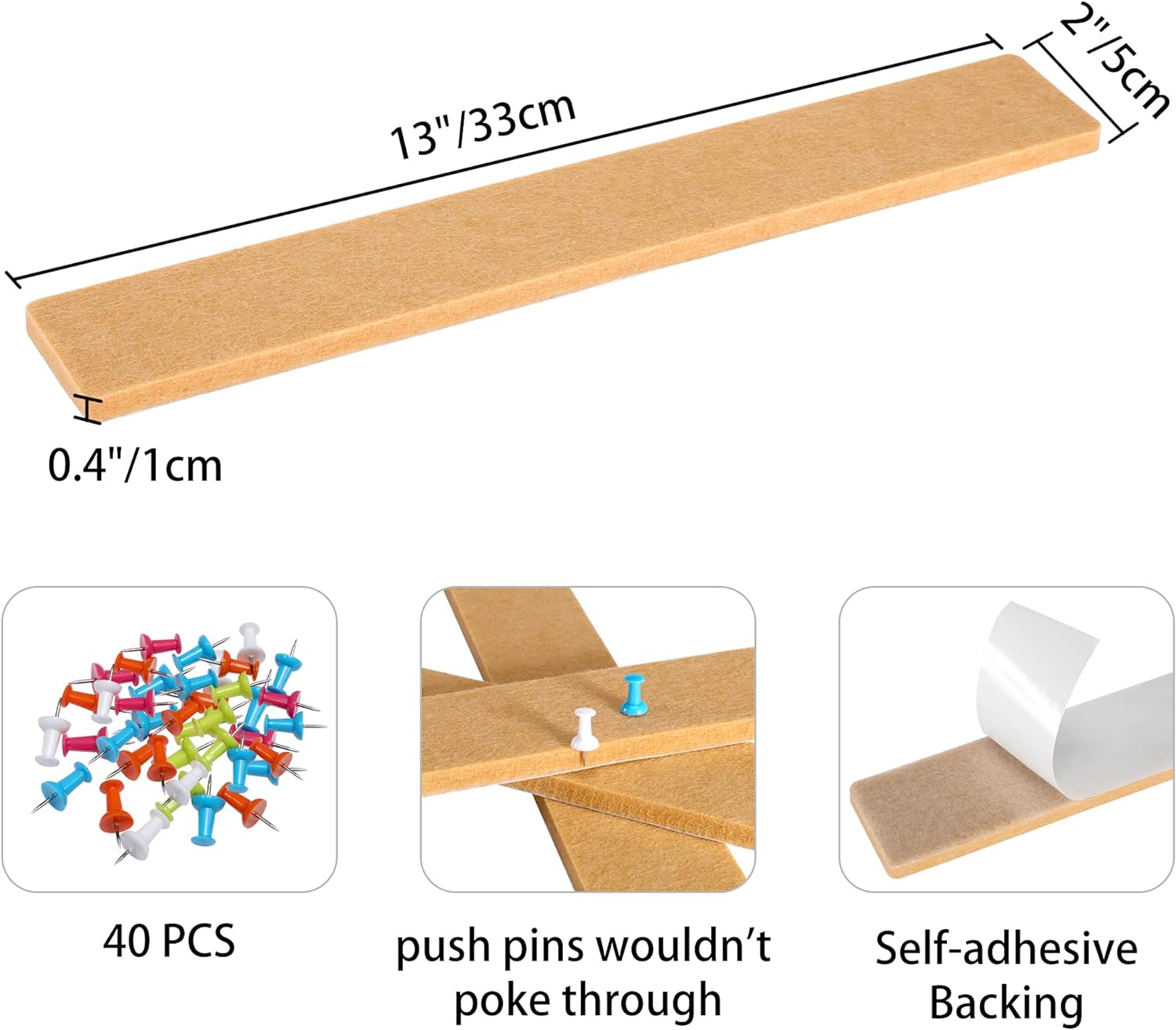 Felt Self-Adhesive Bulletin Board Bar Strips with 40 Push Pins 8 Pack