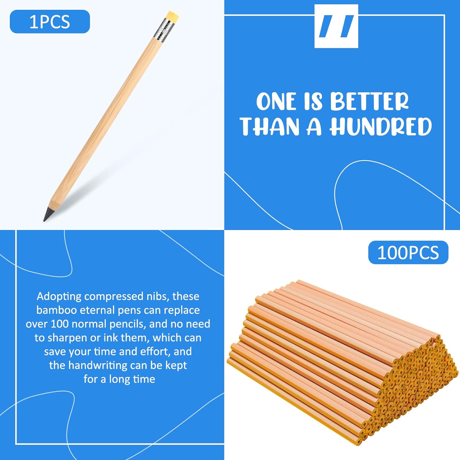 6Pcs Inkless Bamboo Pen Erasable Pencil with Eraser