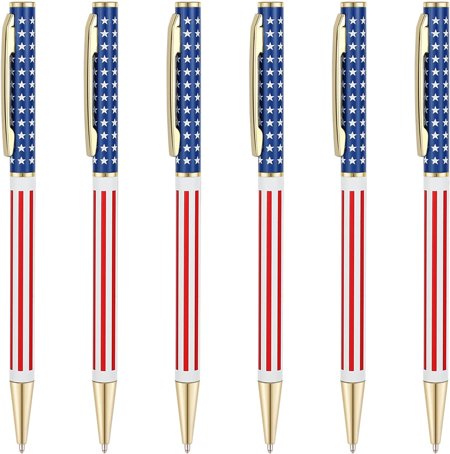 6pcs Slim Metal Retractable Ballpoint Pens,Silver Gold Patriotic American Flag