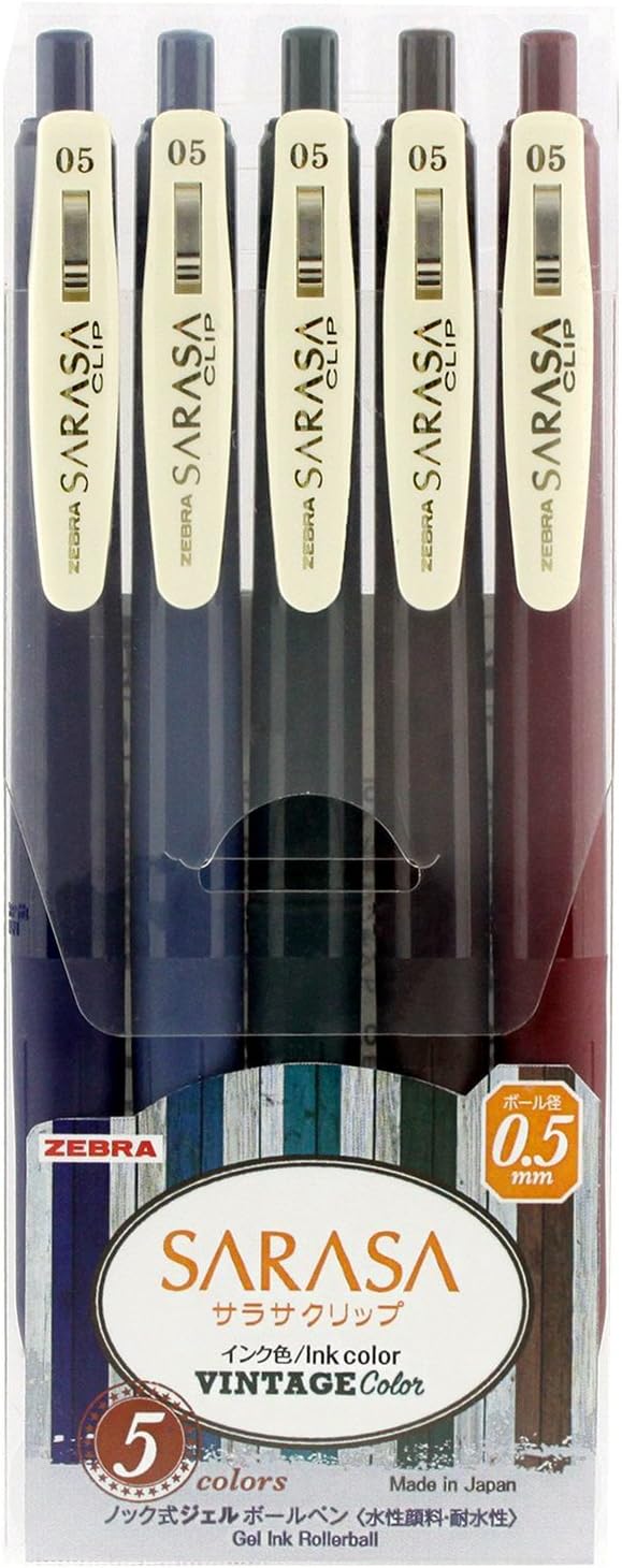 ZEBRA Sarasa Clip Gel Ink Ballpoint Pen 0.5mm,5 Vintage Colors