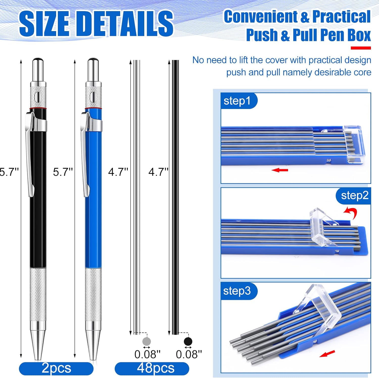 2Pcs Welders Mechanical Pencils with 48PCS Round Refills