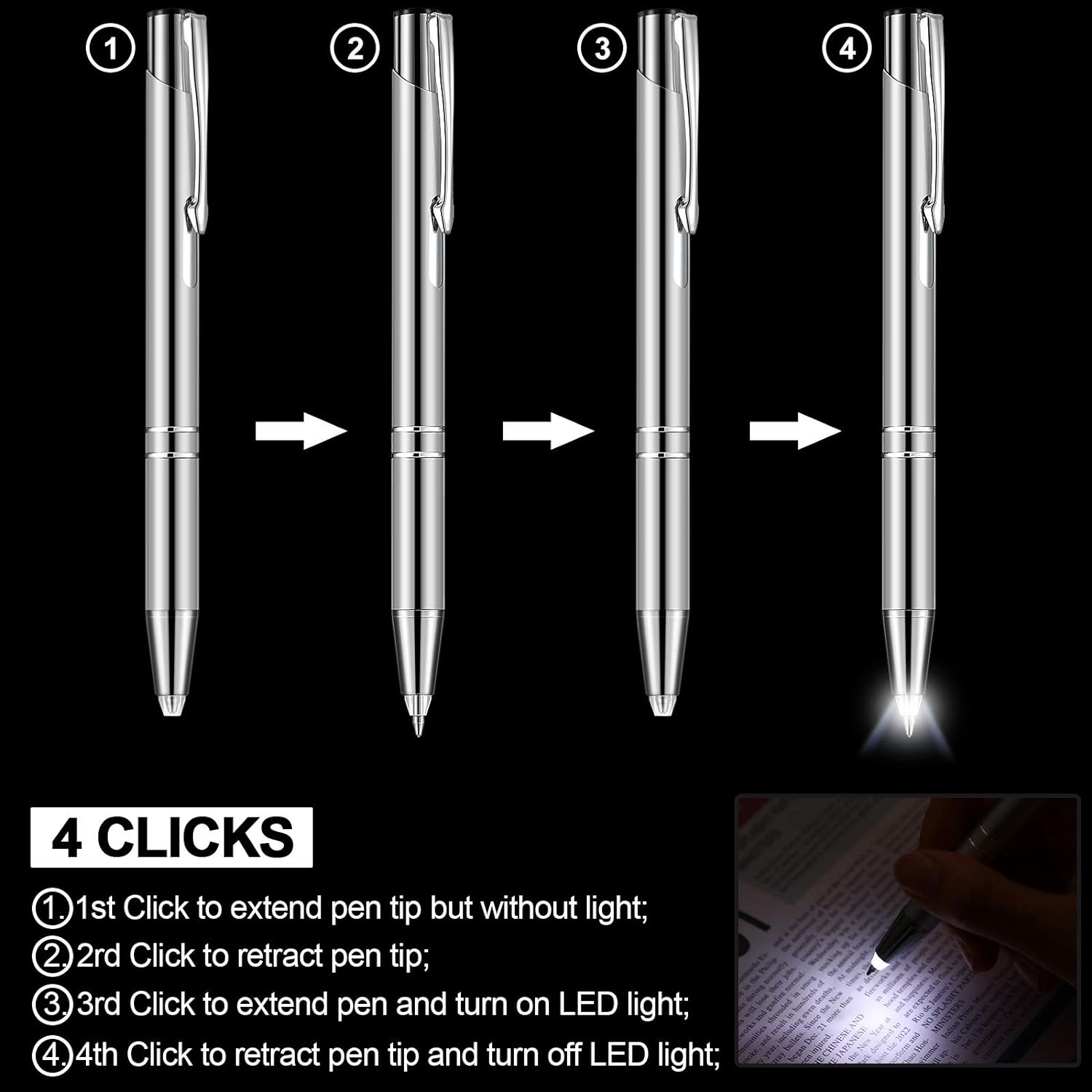 4 Pack Ballpoint Pens with LED Light for Writing in the Dark