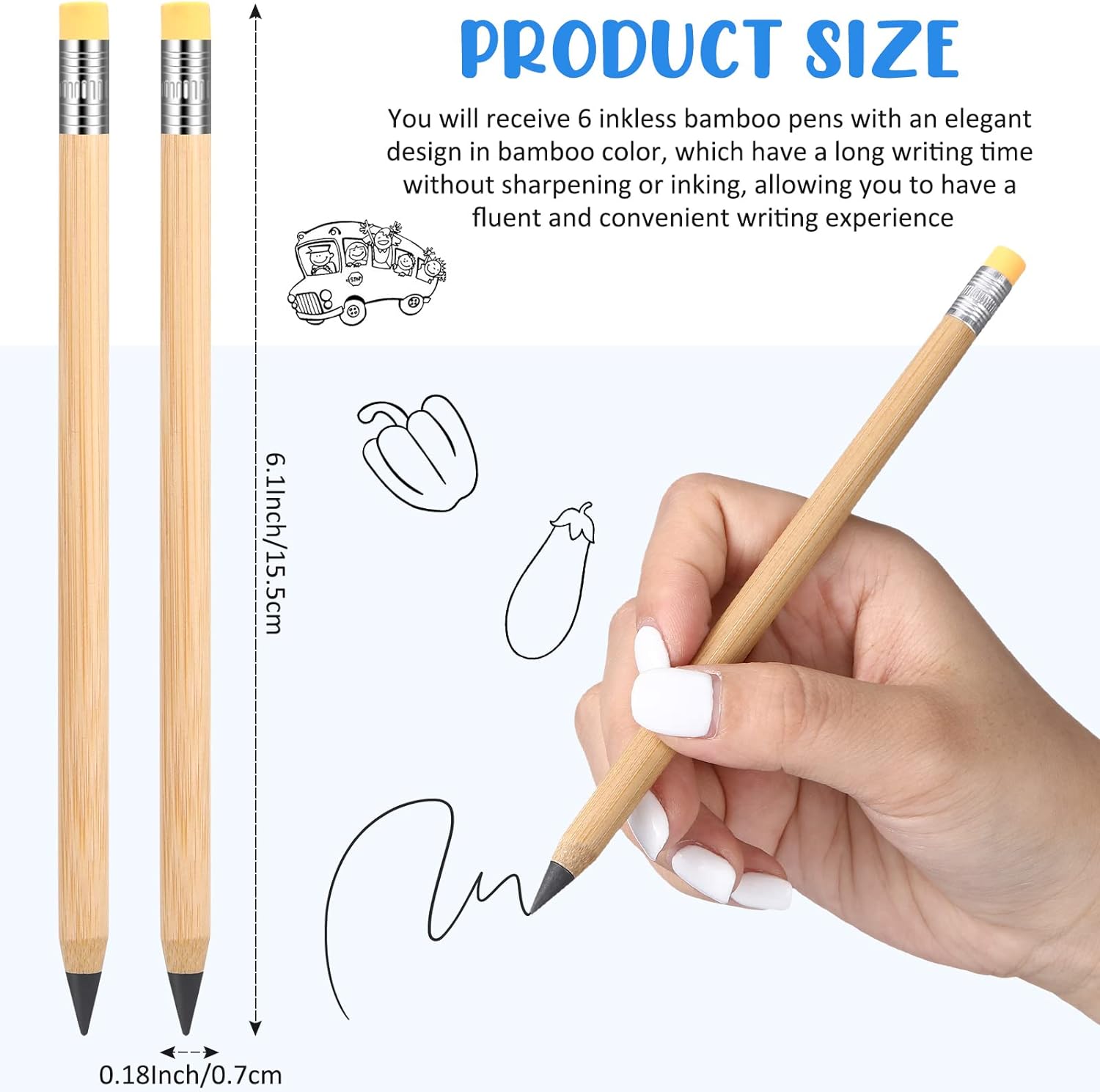 6Pcs Inkless Bamboo Pen Erasable Pencil with Eraser