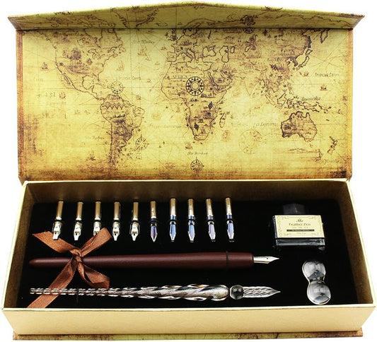 15-Piece Calligraphy Pen Set -Glass Wooden Pen - 11 Nibs & 1 Ink