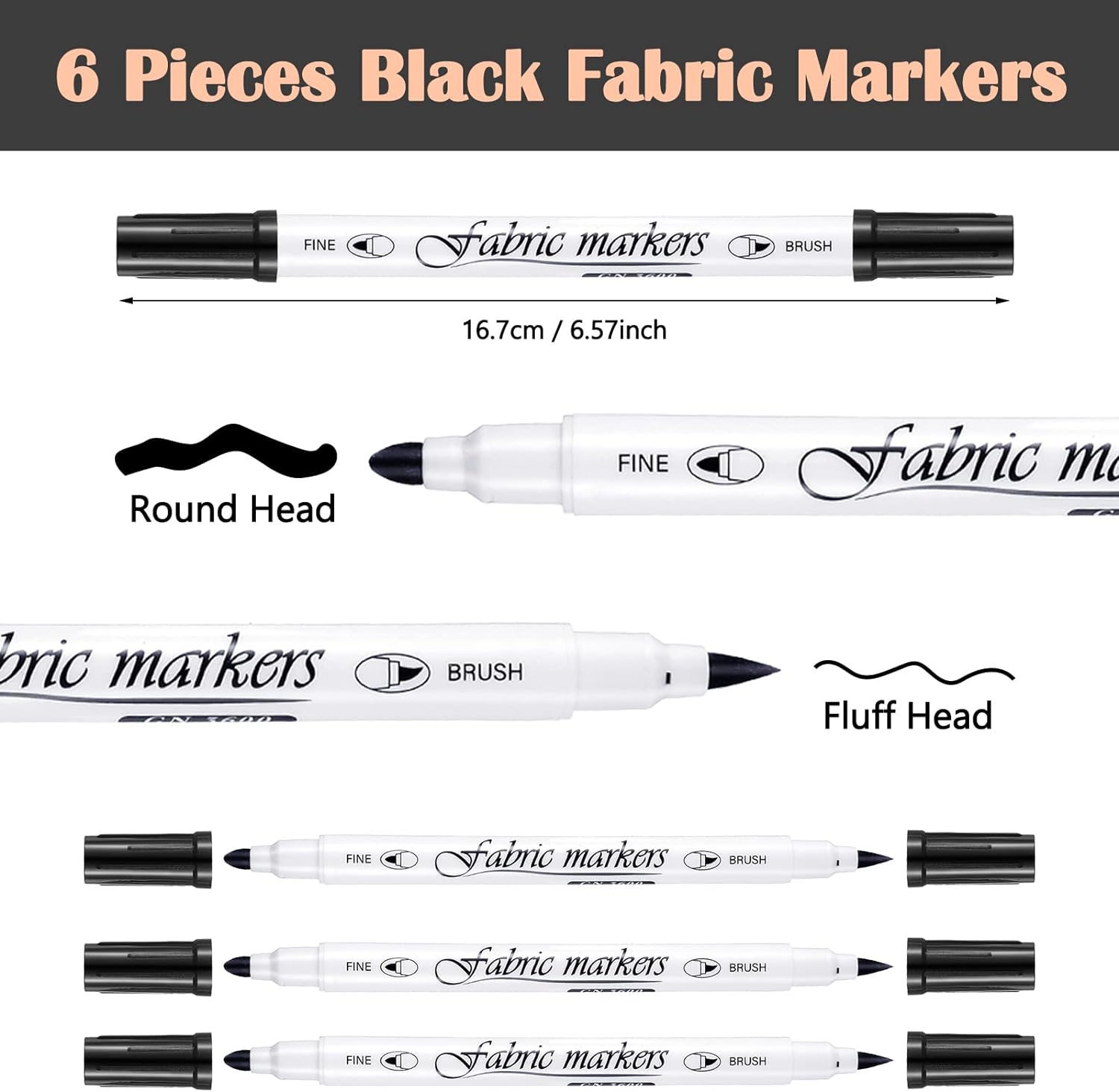 Guangna 6Pcs Fabric Markers Double Ended White Black Color