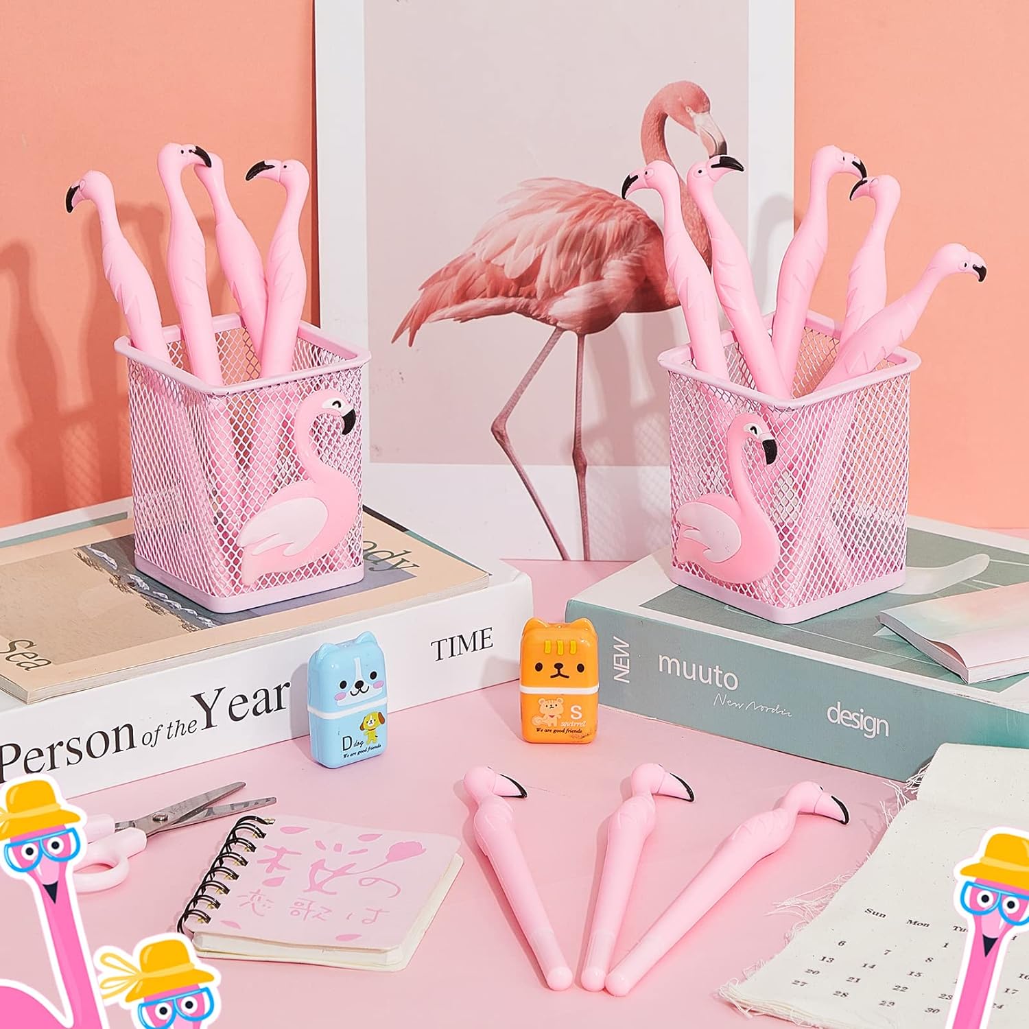 14Pcs Metal Flamingo Gel Pens and Pencil Holder Set Pink