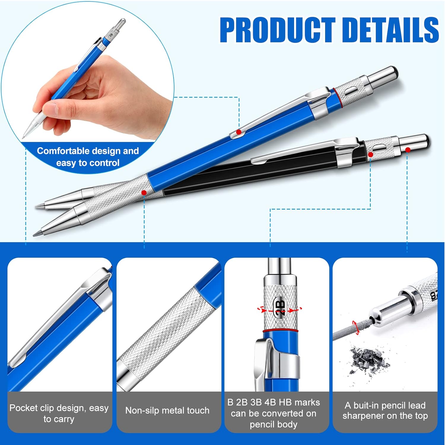 2Pcs Welders Mechanical Pencils with 48PCS Round Refills