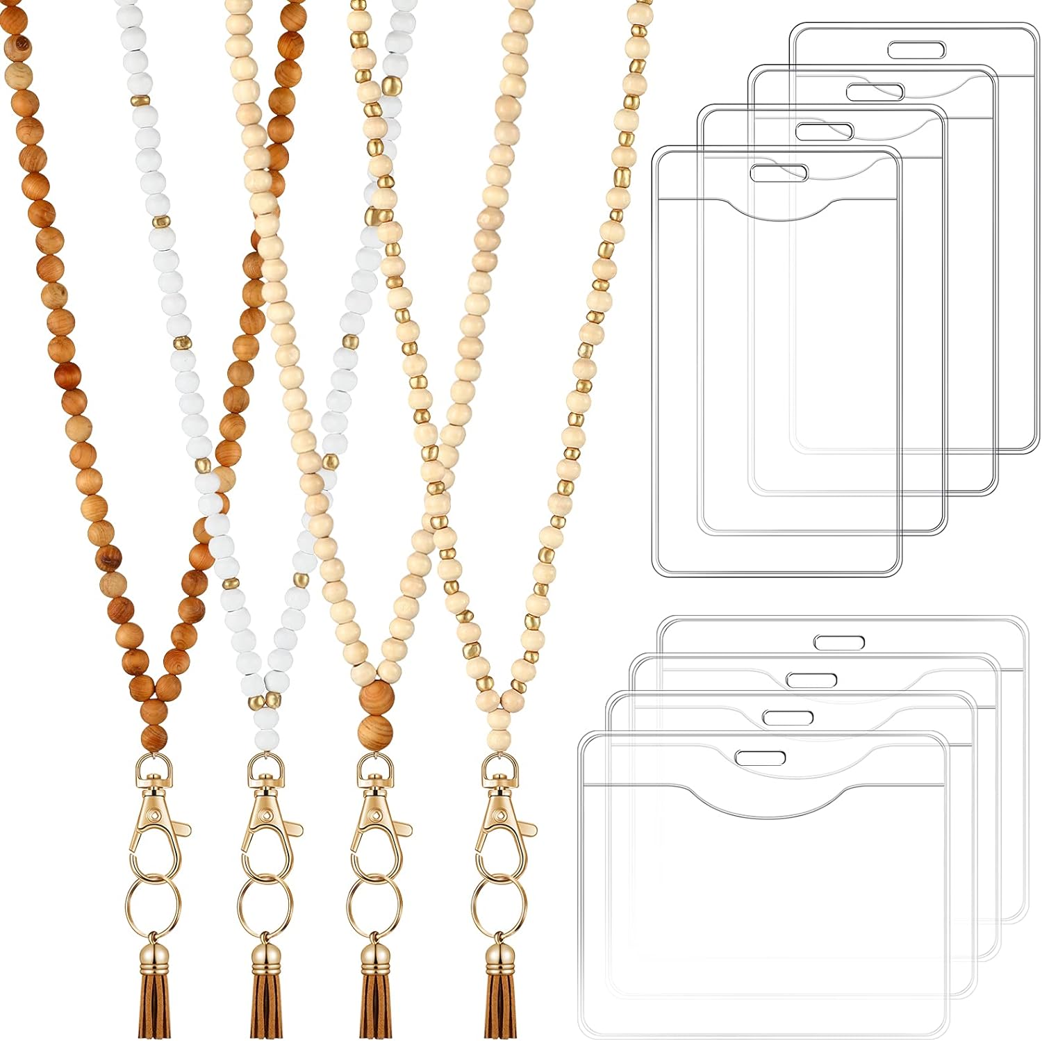 12 Pieces Wood Beaded Lanyards and Card Holder Set