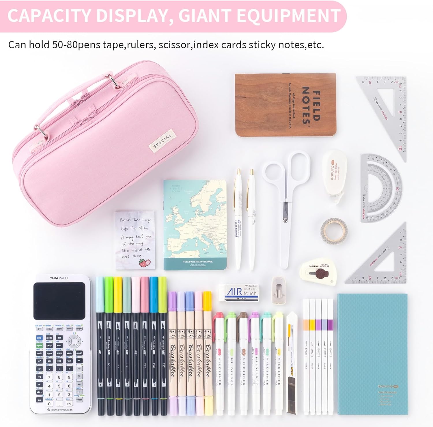 HVOMO Large capacity pencil case Pencil Pouch Double Zipper Storage Bag 3 Compartments Portable Multifunctional bag Desk Organizer School Marker Pen Casey(Dark Pink)