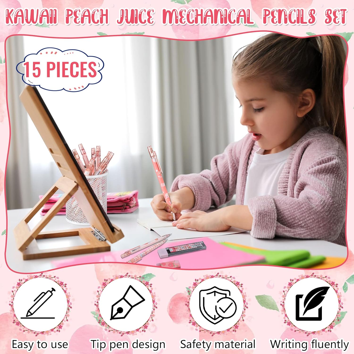 15pcs Peach Mechanical Pencils with 0.5mm Pencil Refills and Erasers