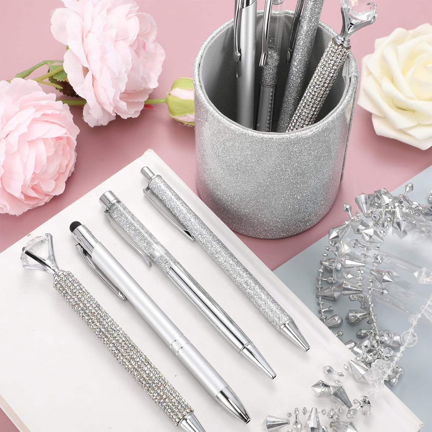 8Pcs Crystal Glitter Ballpoint Pens with Pen Holder for Desk Organizer