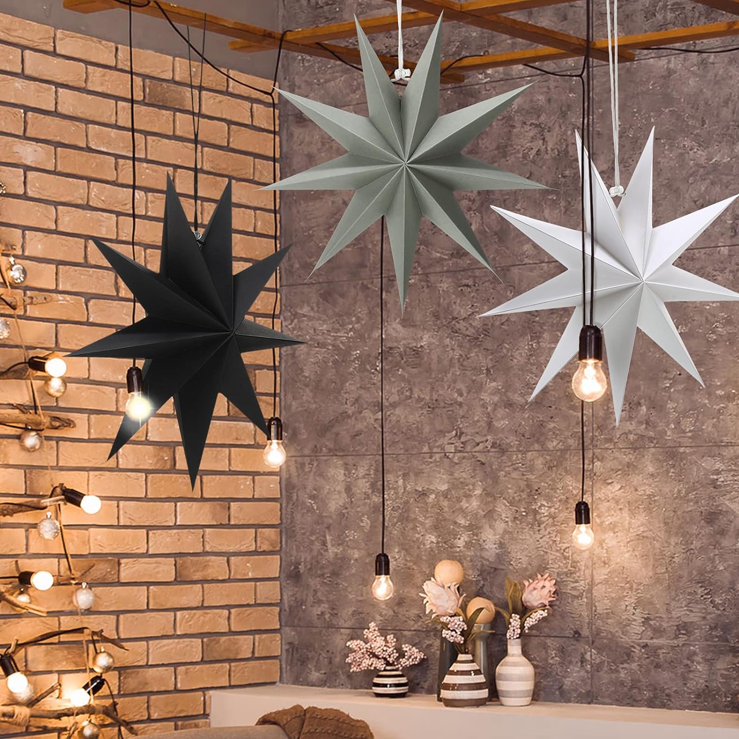 3Pcs Paper Star Lanterns 12 Inch Hanging Decor