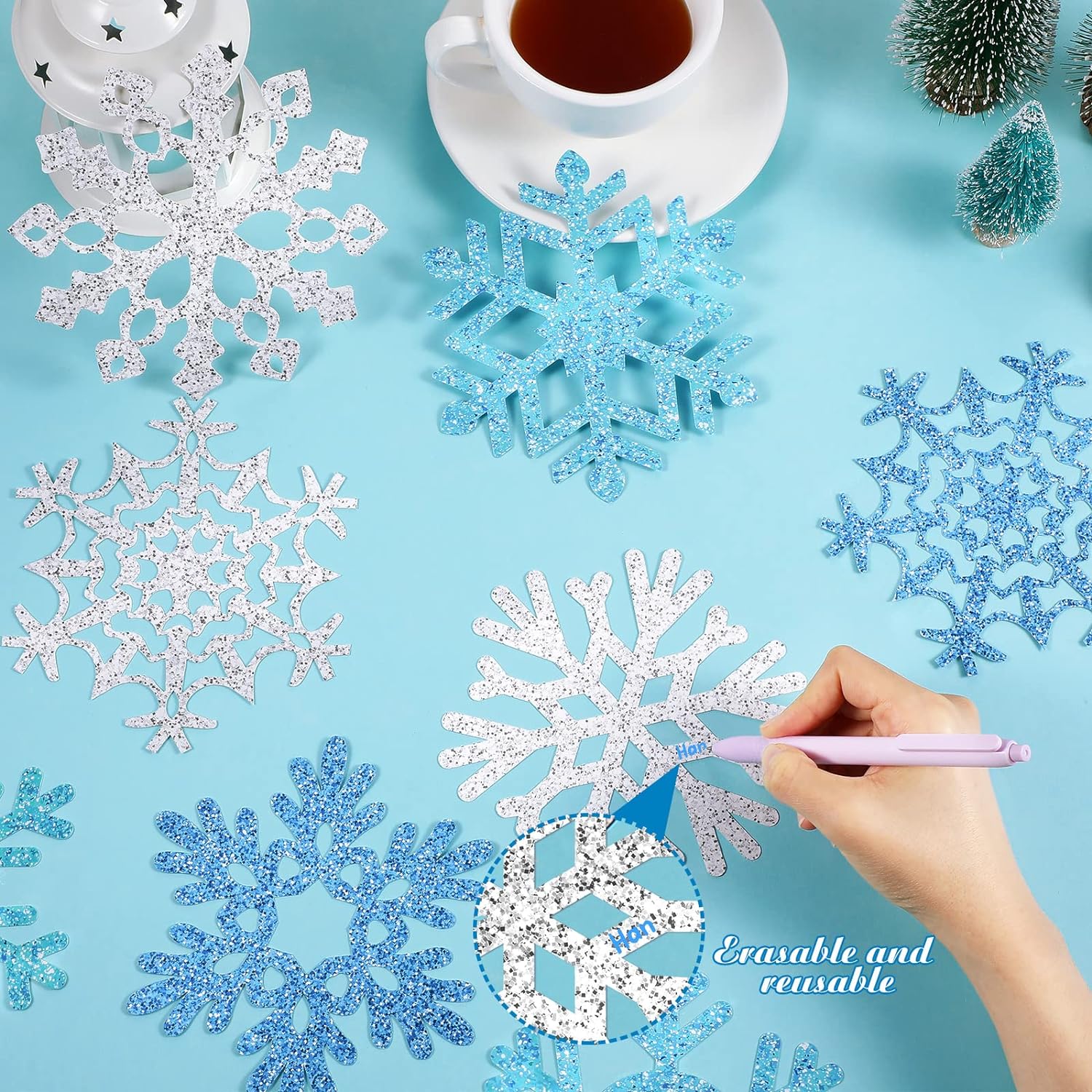 45pcs Winter Christmas Snowflake Paper Cutouts with Glue Point Dots