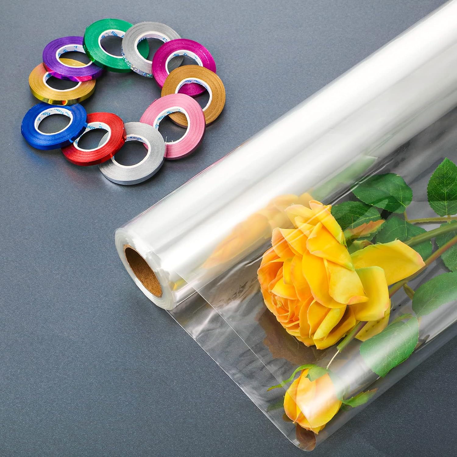 31.5 Inch x 100 Ft Gift Cellophane Wrap Roll with Colorful Curling Ribbon